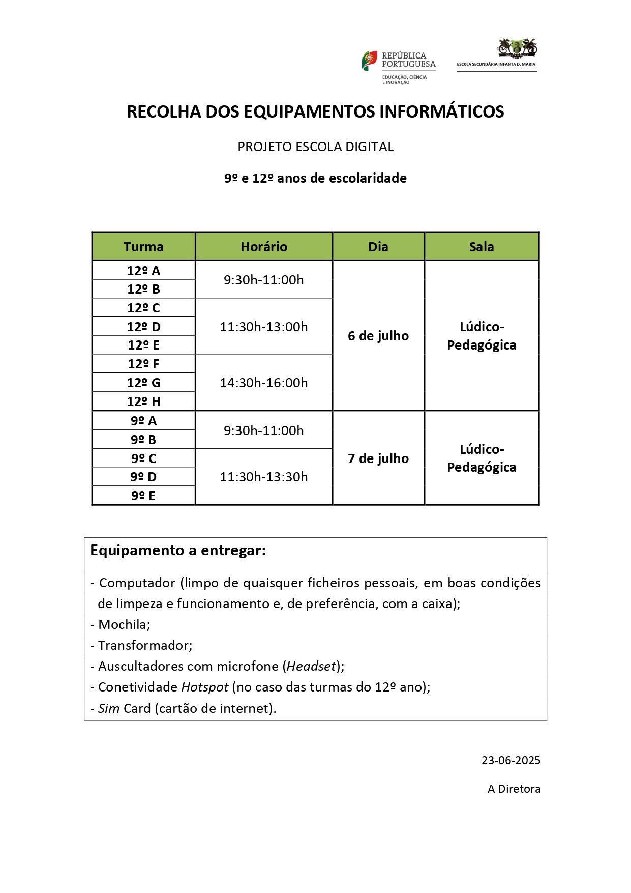 Devolução dos Kits da Escola Digital 12º e 9º Ano PÁGINA DA ESCOLA
