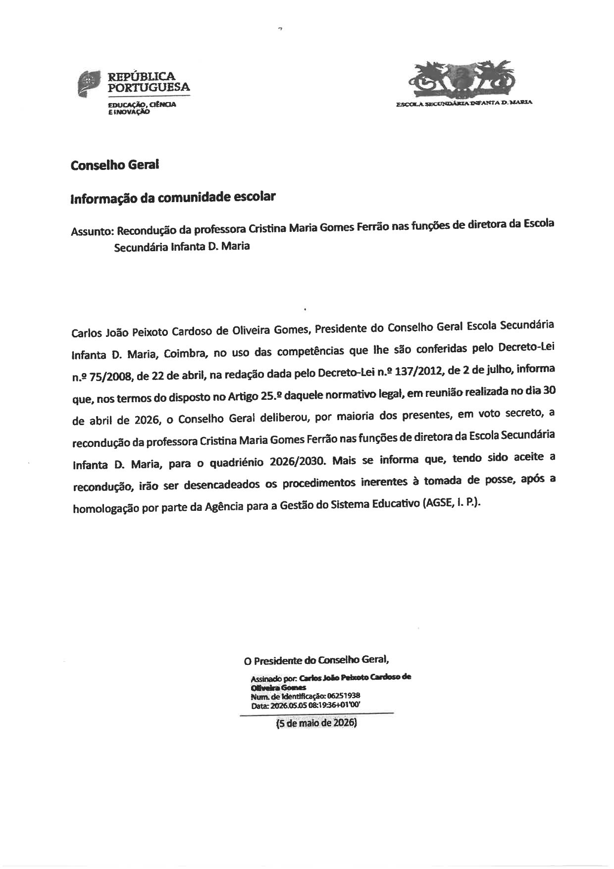 Recondução ESIDM 2026 2030 InformaçãoComunidadeEscolar